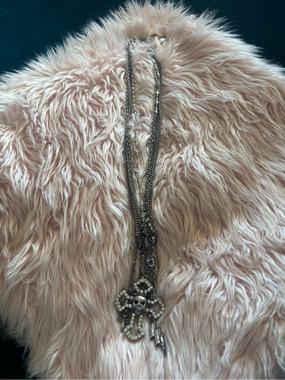 Rhinestone Skull Cross Pendant Necklace - Black Silver - Picture 2 of 6